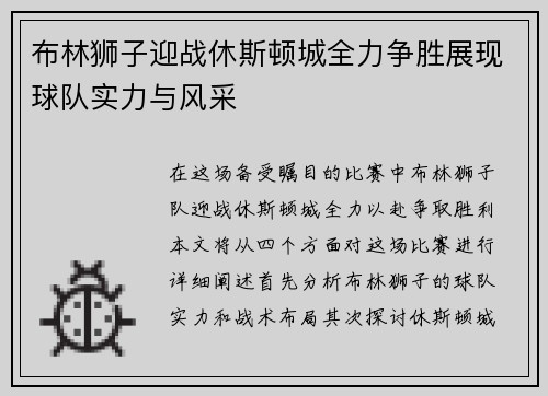 布林狮子迎战休斯顿城全力争胜展现球队实力与风采