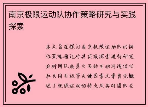 南京极限运动队协作策略研究与实践探索